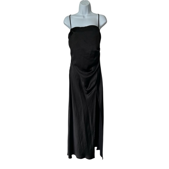 Billy J Julia Black Satin Maxi Dress Spaghetti Side Slit Ruched  Excellent 12 - Picture 2 of 12